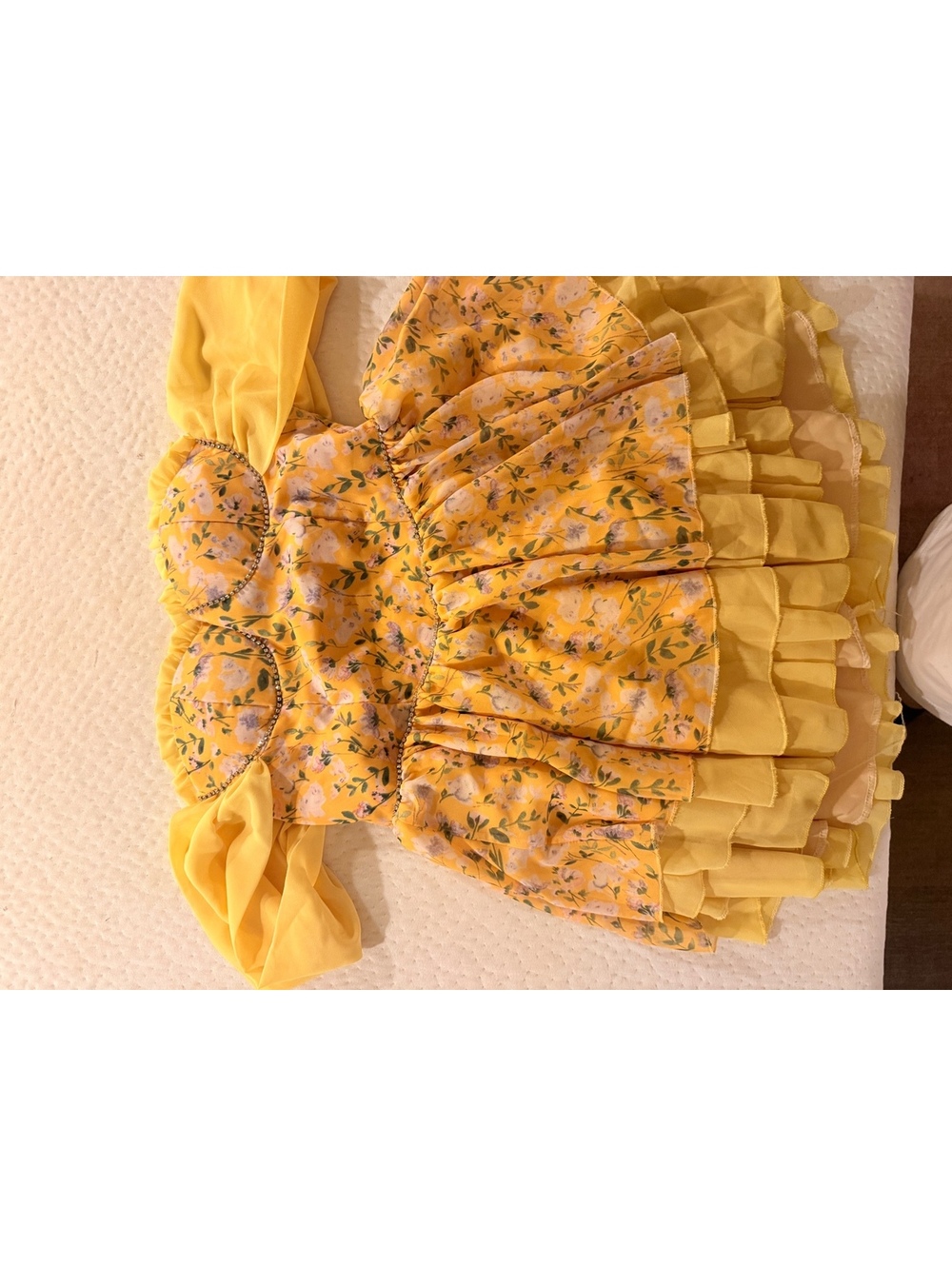Yellow Floral Off-Shoulder Mini Dress with Rhinestone Trim